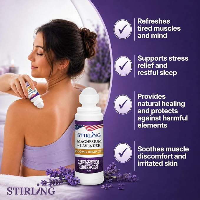 Stirling Lavender Roll On Lotion with Magnesium and Pure Hemp 1500mg – Fast Acting Muscle Relief, Calming Scent for Relaxation & Recovery, Natural Ingredients