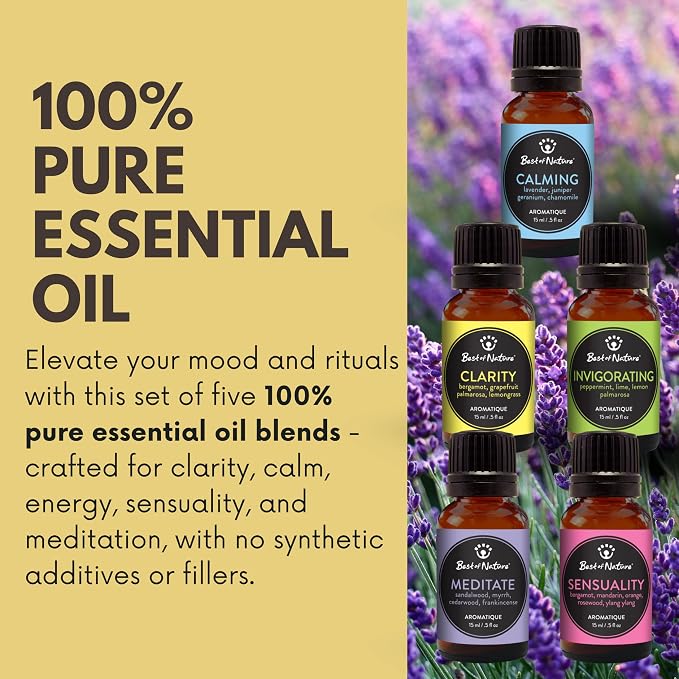 Best of Nature Essential Oil Blend Set – Calming, Clarity, Invigorating, Meditate & Sensuality – 100% Pure for Diffuser, Mood, Focus & Relaxation – Gift or Daily Use