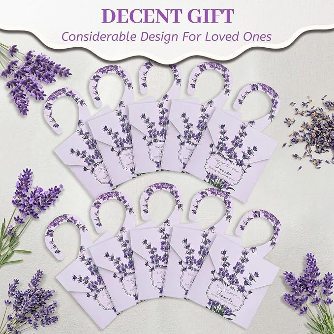 24 Pack Lavender Sachets, Natural Closet Freshener Drawer Sachets Hanging Home Fragrance Long Lasting with 10 Hanging Bags