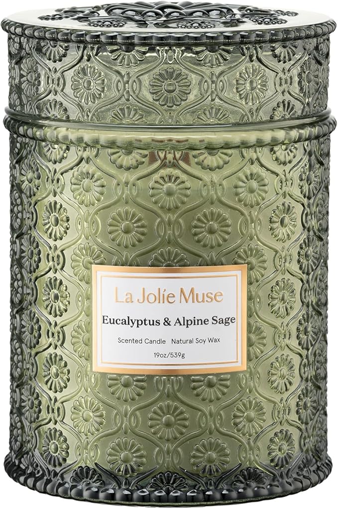 LA JOLIE MUSE Eucalyptus Sage Fresh Scented Candles for Home, 19 oz Soy Wax | Large Jar Luxury Candle, Clean Non Toxic, Gift for Women & Men, Relaxing Aromatherapy Candle, Decorative Candles, Wood Wick