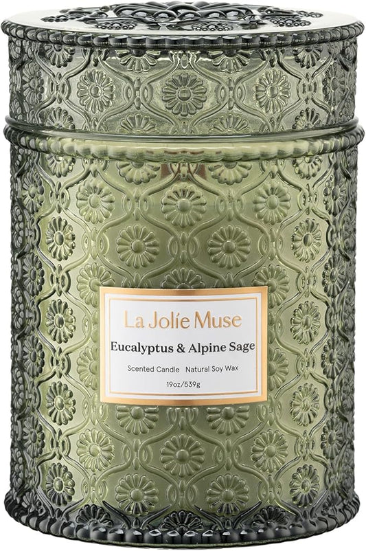 LA JOLIE MUSE Eucalyptus Sage Fresh Scented Candles for Home, 19 oz Soy Wax | Large Jar Luxury Candle, Clean Non Toxic, Gift for Women & Men, Relaxing Aromatherapy Candle, Decorative Candles, Wood Wick
