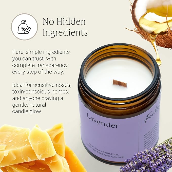 Fontana Candle Co Wood Wick Beeswax Jar Candle, Lavender – Made Safe with Coconut Oil & Pure Essential Oils – 35+ Hrs Clean Burn, Long Lasting and Non-Toxic Candles for Home & Room Decor