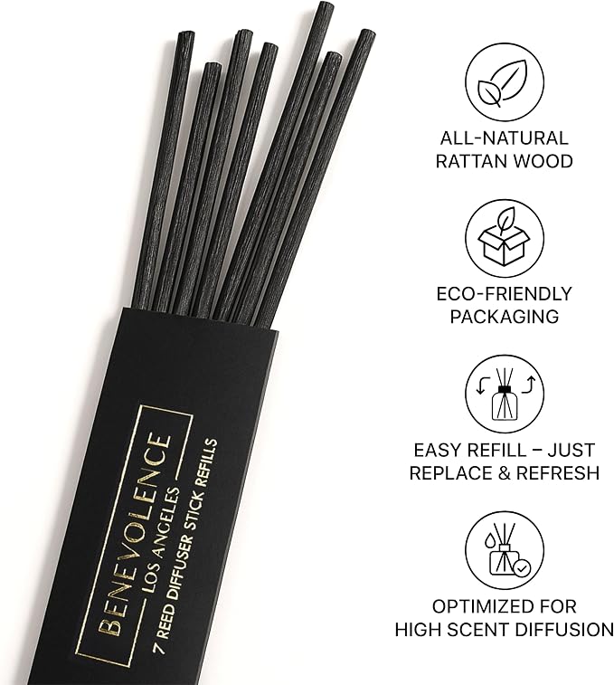 Benevolence LA Reed Diffuser Sticks – 3-Pack of 7 Natural Rattan Sticks per Pouch – Eco-Friendly Reed Replacement for Essential Oil Diffusers – Home Fragrance Accessory for Bedroom & Bathroom