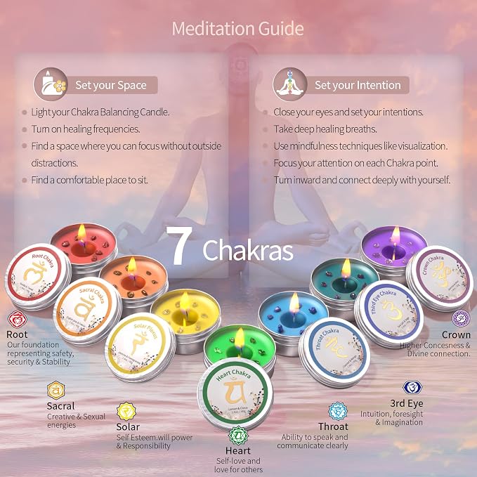 Inspireyes Chakra Candles Set of 7,Meditation Crystal Scented Candles Gift Set for Women, Spiritual Healing Candles for Promotes Positive Energy, Yoga, Cleansing, Manifesting, Relaxation