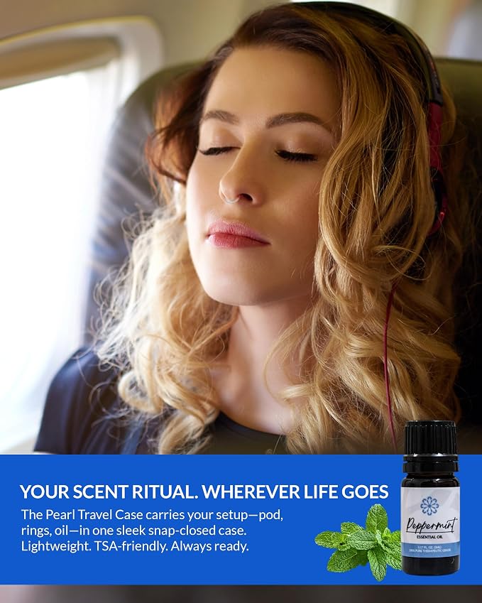 Essence Pearl Travel Case | Peppermint Essential Oil | Aromatherapy Nasal Diffuser & Essential Oil Carrying Case | Invigorating Peppermint Scent | Travel-Friendly Kit | Black Pod