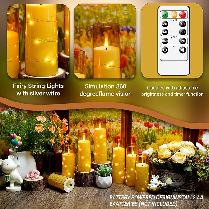 kakoya Flameless LED Candles with Timer 24 Pc Flickering Flameless Candles for Romantic Ambiance and Home Decoration Stable Acrylic Shell,with Embedded Star String，Battery Operated Candles(Gold)