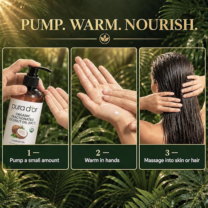 PURA D'OR ORGANIC Fractionated Coconut Oil MCT Oil (16 Oz) 100% Pure & Natural USDA Certified