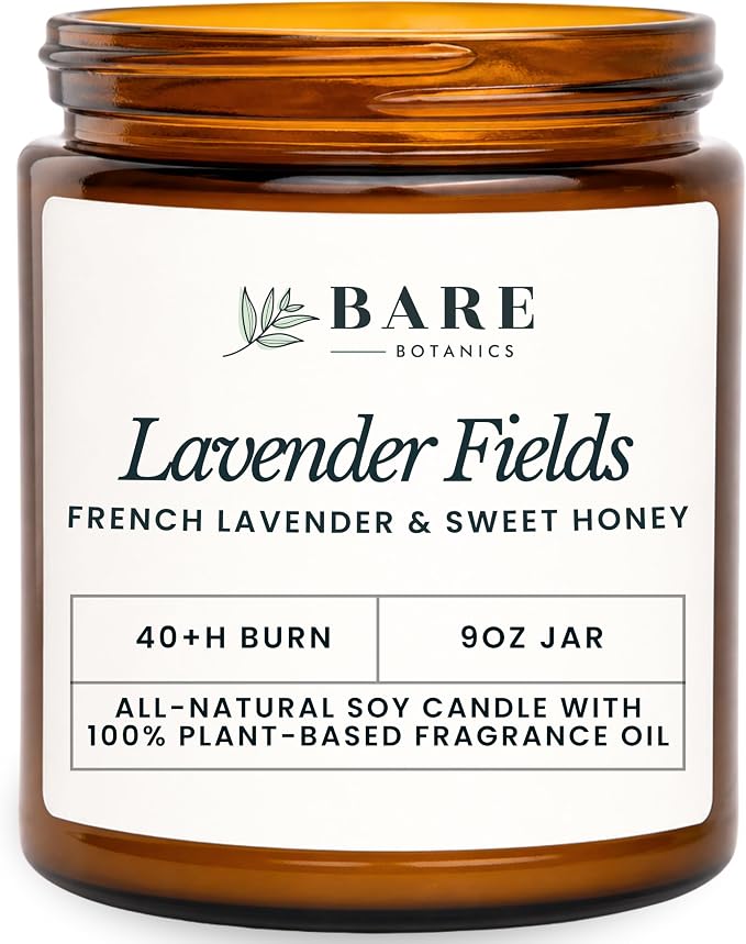 Bare Botanics Non-Toxic Lavender Fields 9oz Soy Candle - 100% Plant-Based Fragrance Oils - Handpoured in WI - 40+ Hrs