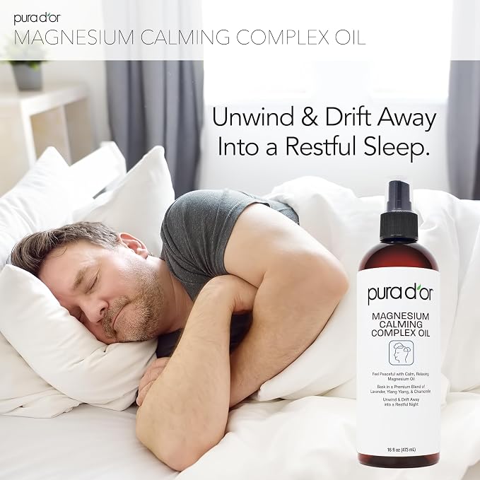 PURA D'OR Magnesium Calming Complex Oil Spray, 16 Oz, Topical Magnesium Chloride Mist with Aloe Vera, Lavender, Chamomile, Ylang Ylang, Lightweight Water-Based Body Care Formula, Vegan, Non-Greasy
