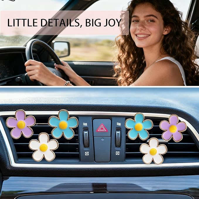 ORIESSE 6pcs Flowers Car Decor,Cute Car Air Freshener Vent Clips,Blue White Purple Daisy Flowers Air Vent Clip Accessories for Women,3cm/2.7cm Refillable Daisy Decor Diffuser