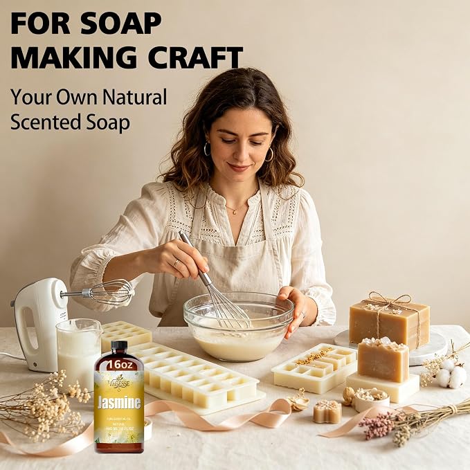 Jasmine Essential Oil, Jasmine Oil 16 Fl Oz 480ml for Diffuser Yoga Soap & Candle Making – with 0.33 Oz Roller Ball & Funnel YHSESSE Essential Oils
