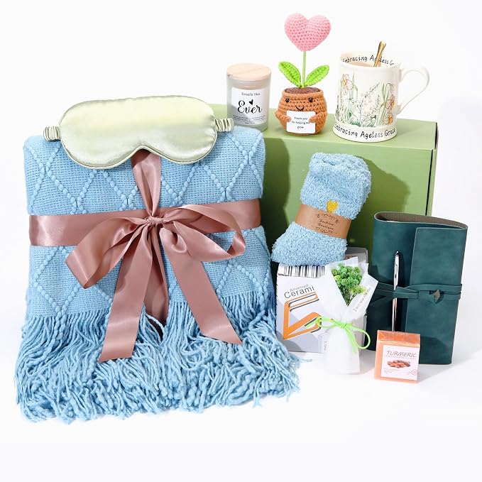 Sending Hugs Self-Care Gift Basket, Spa Relaxation Gifts for Women Her - Cozy Plush Throw, Inspirational Mug, Scented Candle & Journal for Get Well Soon, New Mom, Best Friend, Birthday (Aqua)