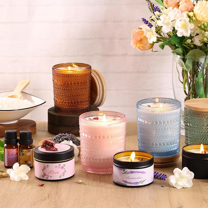 DARJEN Candle Making Kits for Adults - Candle Making Supplies with 4 Candle Jars(Blue, Pink, Amber, Green), Candle Tins, Soy Wax, Scents, Dried Flower & More, DIY Starter Candle Making Kit Home Decor