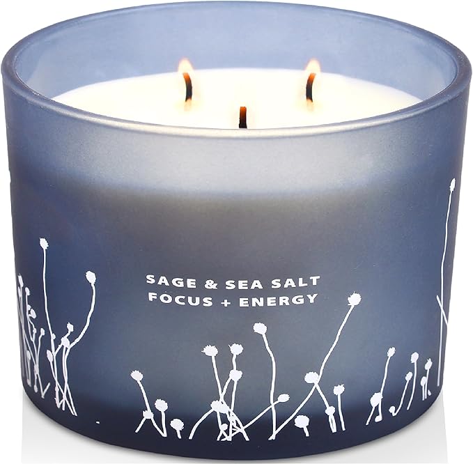 White Sage Sea Salt 3 Wick Candle - Large Soy Scented Candle 14.5 oz - Sage Candle for Cleansing House - Aromatherapy Energy Cleansing Candle for Home, Stress Relief, Women & Men