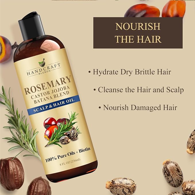Handcraft Blends Rosemary Oil for Hair 8 Fl Oz | Nourishing Hair Oil | 100% Pure and Natural | Rosemary, Castor, Jojoba, and Batana Oils & Biotin | Carrier Oil
