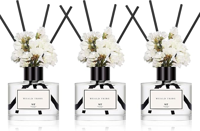 WEALD TRIBE Real Flower Reed Diffuser Set of 3 for Bathroom Shelf Decor, Sticks Diffuser with Essential Oils Included | Eucalyptus & Lavender,Jasmine,Sandalwood Rose Scent(1.7 fl oz/Pack)
