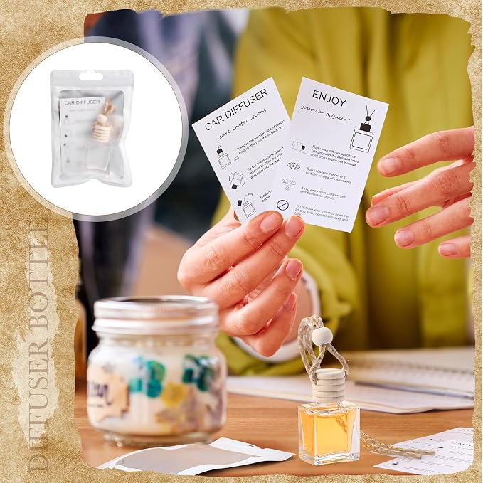 Boao 100 Sets Hanging Car Air Freshener Diffuser Bottles with Instruction Card and 4 x 6'' Resealable Holographic Bag for Empty Car Essential Oil Perfume Bottles Packaging (Cube)