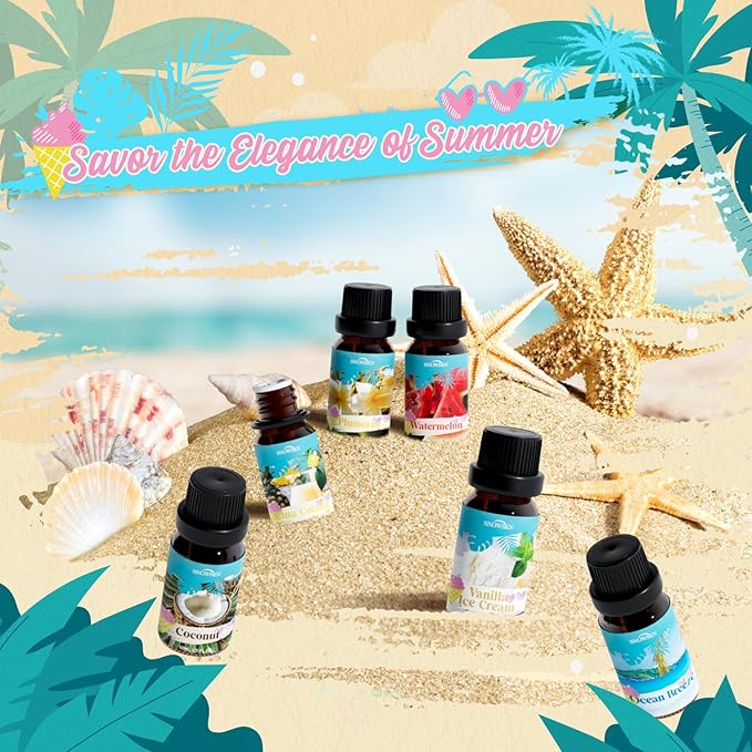 Summer Essential Oil Set for Diffusers for Home Premium Fragrance Oils - Includes Watermelon, Coconut, Ocean Breeze, Plumeria, Vanilla Ice Cream & Pina Colada, Candle Making Scents, 6X10ml