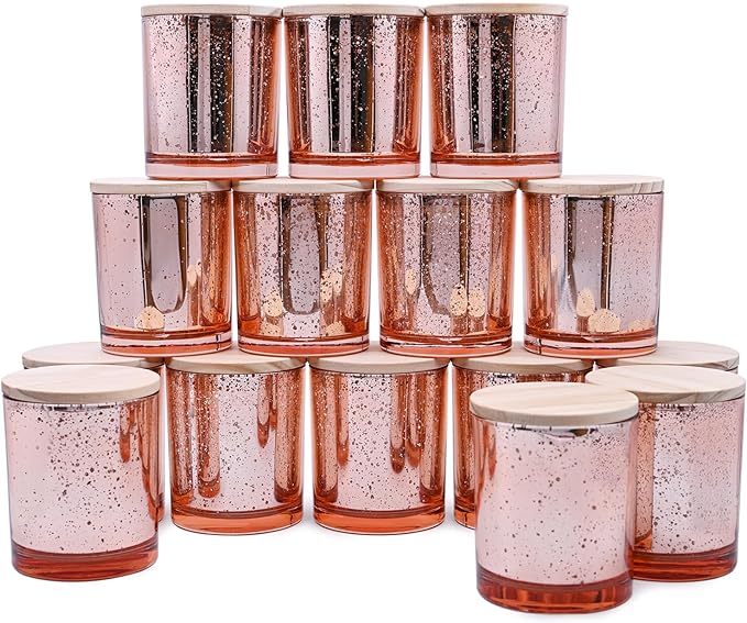 SHOWIN 10 OZ Thick Candle Jars for Making Candles 15 Pcs, Empty Jars with Wood Lids for Candle Making, Sample Container, Rose Gold