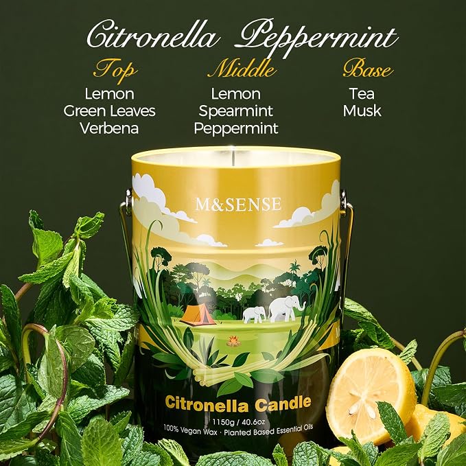M&SENSE Peppermint Citronella Candles Outdoor – 220 Hour Burn, 40.6oz Extra Large, Natural Non-Toxic Soy Wax, Outdoor & Indoor Use for Patio, Camping, Home