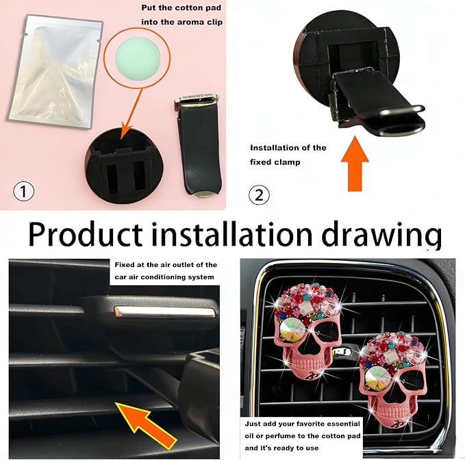 Gothic Skull Car Air Freshener Vent Clips with 2 Pads, Halloween Scented Car Accessories for Men Women, Automotive Interior Decor and Cool Car Fresheners for Men， Spooky Gift Idea-A6