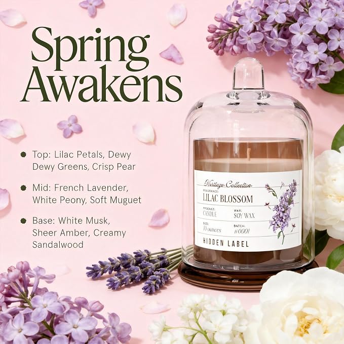 Hidden Label Lilac Blossom Soy Candle, 10oz Bell Jar, Non-Toxic Formula | 55+ Hr Burn | Spring Floral Aromatherapy | Phthalate-Free | Reusable Clear Glass Dome | Birthday & Spa Gift for Women