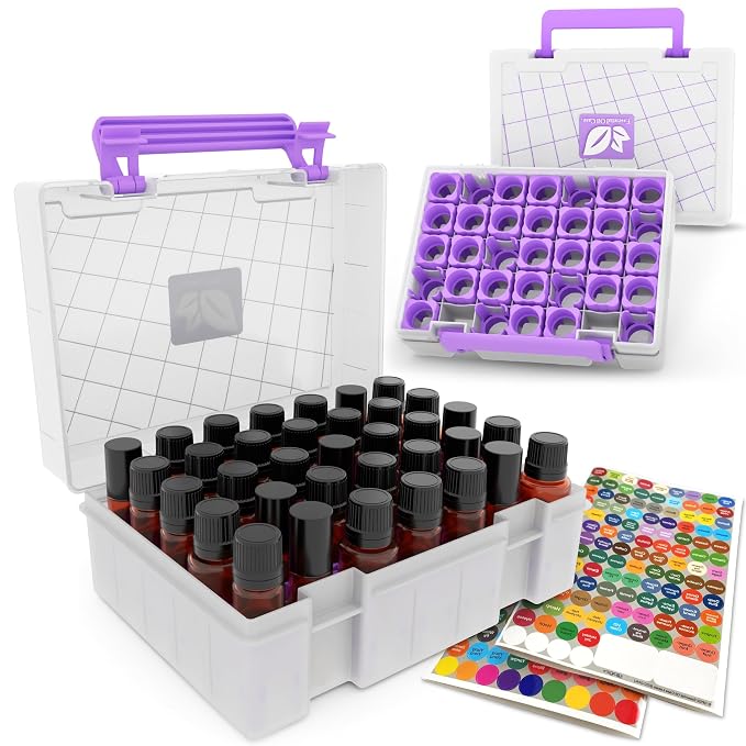 Essential Oil Organizer for 35 Bottles, Hard Shell UV-Filtering Case, Adjustable Holders, Dishwasher Safe, Fits 5ml 10ml 15ml & Roller Bottles, Compatible with Top Brands, Lavender