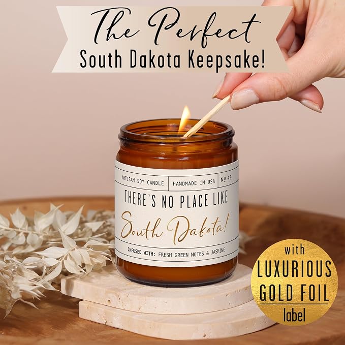 South Dakota Gifts, South Dakota Decor for Home - 'There's No Place Like South Dakota Candle, w/Greenery, Flowers & Jasmine I South Dakota Souvenirs State Gifts I 9oz Jar, 50Hr Burn, USA Made