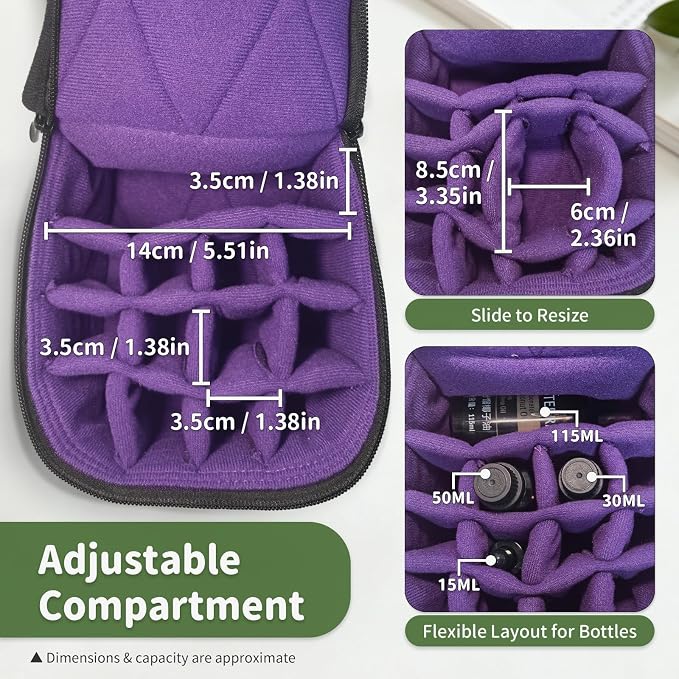 Weljoy Essential Oil Case 13 Bottle Organizer for 30ml 50ml 100ml 115ml 8oz, Travel Bag with Adjustable Dividers Foam Padded for Aromatherapy Roller Dropper Bottles (Bellwort, 5.9x5.9x5 in)