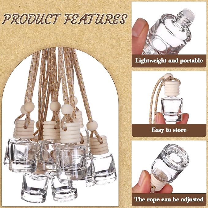 208Pcs 8ml Hanging Car Air Freshener Diffuser Cylindrical Empty Clear Glass Essential Diffuser Oil Aromatherapy Fragrance Perfume Pendant Glass Vial with Wooden Caps Hanging String Car Diffuser Bottle
