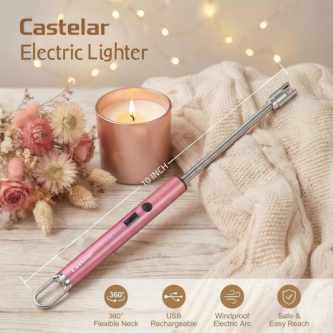 Castelar Electric Candle Lighter with Long Flexible Neck, USB Rechargeable Arc Lighter with Safety Lock for Candle, BBQ, Camping, Housewarming, and Birthday Gifts