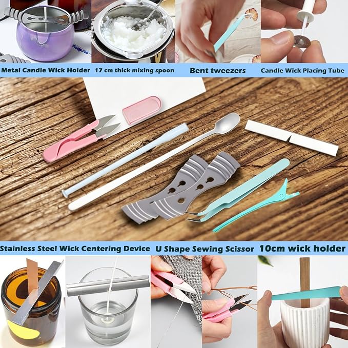 135PCS Candle Making Kits with Candle Wick Trimmer(7IN)& Dipper,Big Eye Long Needle Mold Hook Punch Needle for Inserting Wick,Cotton Wick with Metal Sustainer Tabs,Wick Stickers for Candle Lovers