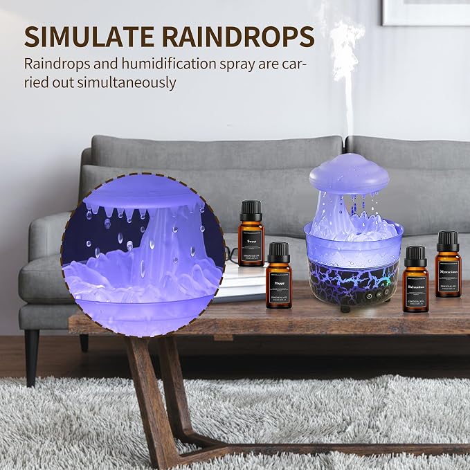 BOHOFAM Aroma Essential Oil Diffuser,Rain Cloud humidifier Simultaneously Water Drip and Air Mist,Rain Diffuser with 4 Hotel Collection Essential Oils for Home,Bedroom,Colorful Light(Black)