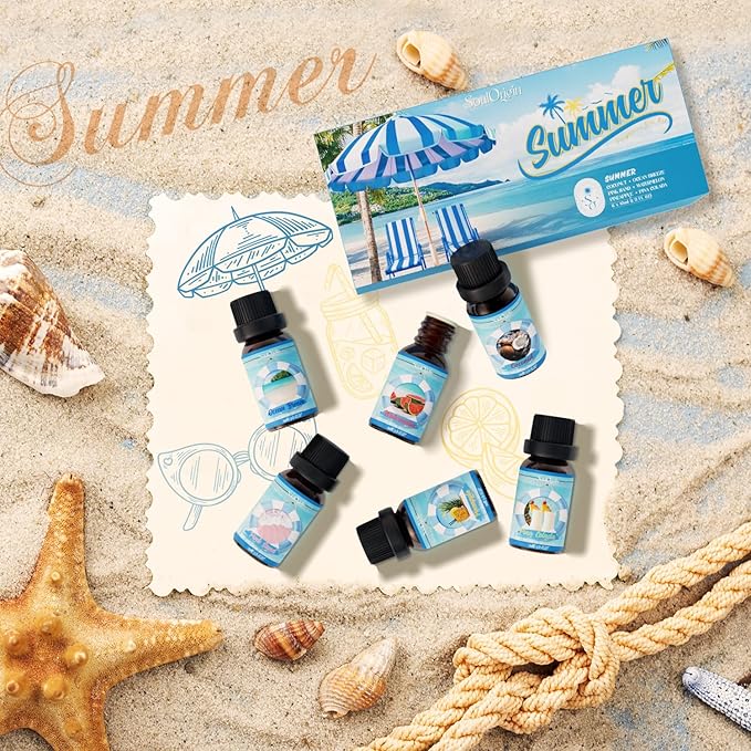 Soulorigin Summer Essential Oils Set, Fragrance Oil Gift Set for Oil Diffusers, Scented Oils for Soap Candle Making 6x10ml - Sea Breeze, Pineapple, Watermelon, Coconut, Pink Beach, and Pina Colada