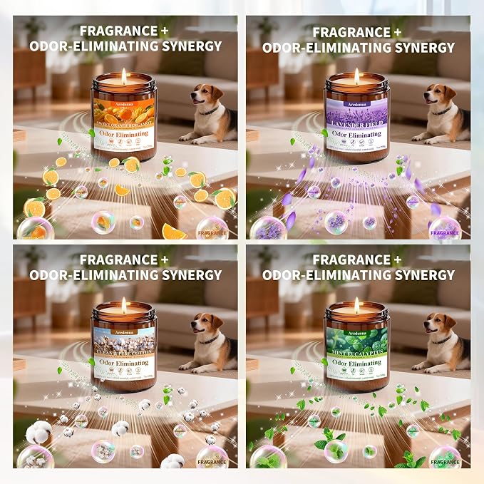 4 Pack Odor Eliminating Candles Set - Eliminates 95% of Pet, Smoke, Food & Other Smells - Air Freshing Scent of Orange/Mint/Lavender/Cotton - Up to 200 Hour Burn time - 28 oz Natural Soy Wax