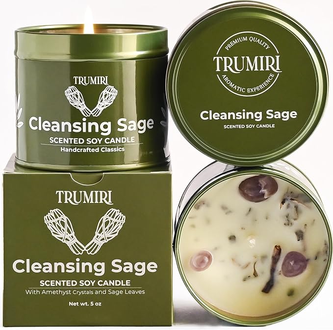Sage Candle for Cleansing House Negative Energy Smudge Kit - 5oz Soy Wax Natural Clean Organic Non Toxic - Aromatherapy Spiritual Meditation Gifts - Long Lasting Highly Scented Candel with Crystals
