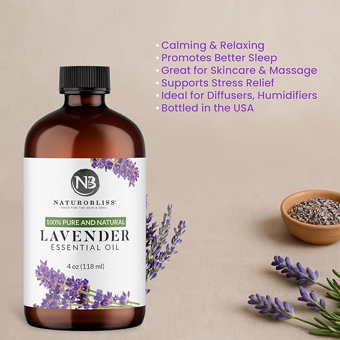 NaturoBliss Lavender Essential Oil with Glass Dropper - 100% Pure and Natural - Essential Oils for Diffuser, Aromatherapy, Soap and Candle Making, Lavender Essential Oil Pure, Lavender Oil, 4 Fl Oz