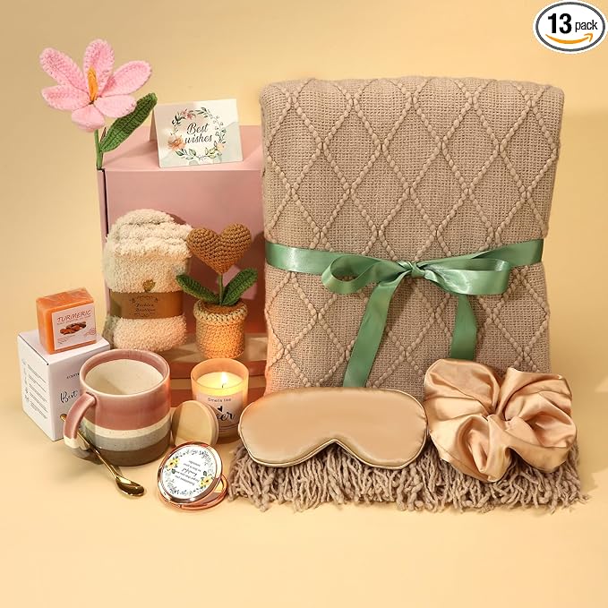 Christmas & Birthday Gifts for Women, Self Care Gift Basket Get Well Soon Care Package - Luxury Spa Set with Knitted Blanket, Fuzzy Socks, Mug, Candle, Scrunchie for Her, Mom, Best Friend
