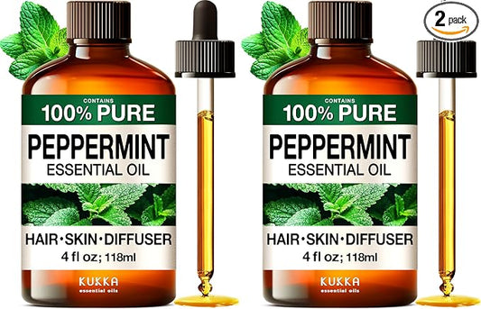 KUKKA Peppermint Essential Oils - 4 Fl Oz - for Hair, Skin, Diffuser, Aromatherapy & DIY Soap Making Scent (Pack of 2)