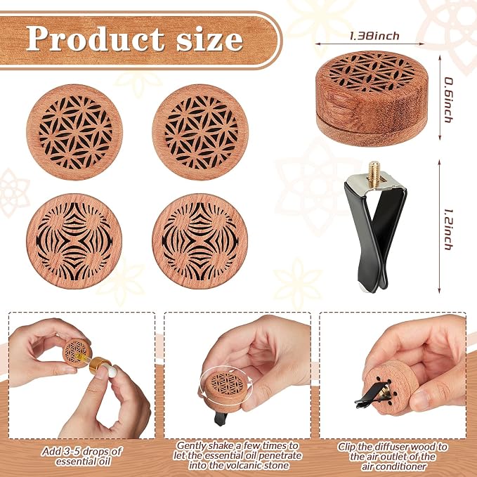 Patelai 4 Pcs Essential Oil Car Aromatherapy Wood Diffuser - Car Freshener Vent Clip Lava Stone Aroma Automobile Diffuser - 2 Styles