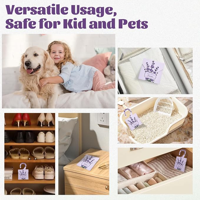 24 Pack Lavender Sachets, Natural Closet Freshener Drawer Sachets Hanging Home Fragrance Long Lasting with 10 Hanging Bags