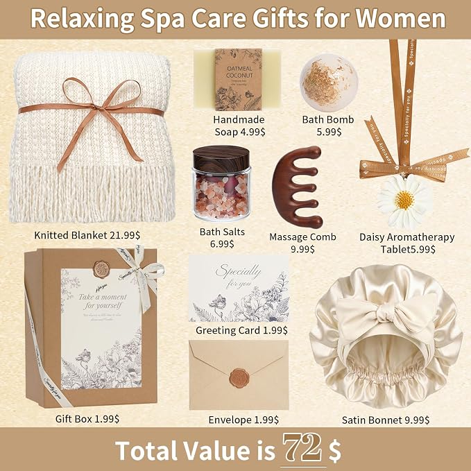 Self Care Gifts Baskets for Women, Spa Care Package for Women, Birthday Gift Get Well Soon Gifts Thinking of You Gift Basket Summer Home Spa Set with Bonnet & Massgae Comb for Mom Friends Her, Beige