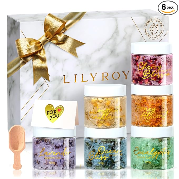 Gifts for Women & Men, Birthday Gifts - 9-Piece Floral Epsom Salt Gift Set for Women with 6 x 120g Epsom Salt, Bath and Body Gift Set in Elegant Box | Christmas, Mothers Day, Valentines Day for Her
