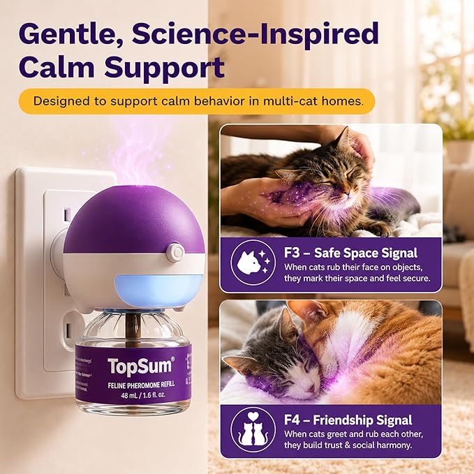 TopSum Cat Calming Pheromone Diffuser: Feline Pheromones Plug in for Stress, Alone At Home, Spraying, Fighting, Scratching, Aggression & Excessive Meowing (Purple– 4 Refills)