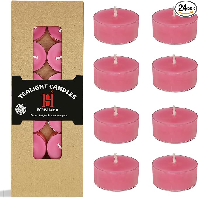Hot Pink Tea Lights Set of 24, Peach Scented Tealight Candles, Handmade Tea Candles, Long Burning Tealights for Romantic Wedding Home Decor Gift