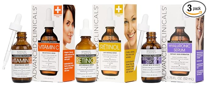 Advanced Clinicals Retinol Serum For Face + Hyaluronic Acid Moisturizer + Vitamin C Serum 3PC Skincare Set For Women & Men | Anti Aging Serums For Brightening, Firming, & Hydrating | 1.75 Fl Oz, 3pc