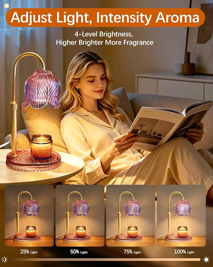 Candle Warmer Lamp with Timer Dimmable, Adjustable Candle Warmer Lamp for Jar Candles 3-Wick, Flameless Smokeless Candle Heater with 2 Bulbs, Home Decor Birthday Mothers Day for Women Mom (PINK)