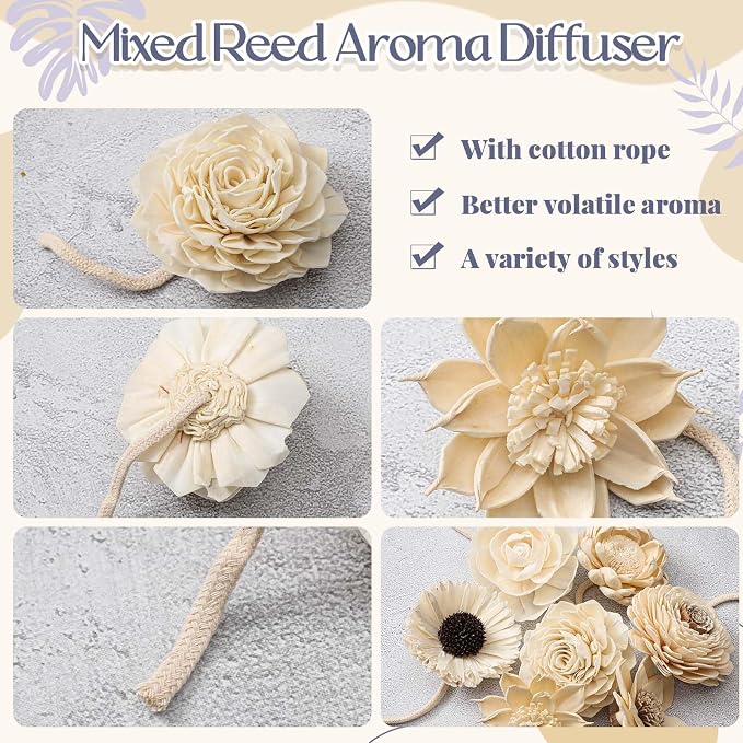 Waydress 15 Pcs Mixed Reed Diffuser Sticks Flowers, Wood Flower Diffuser Reeds Refill with Rope, Sola Reed Diffusers Set for Bathroom, Bedroom, Home Decor(3.15-3.35 Inches,Fresh)
