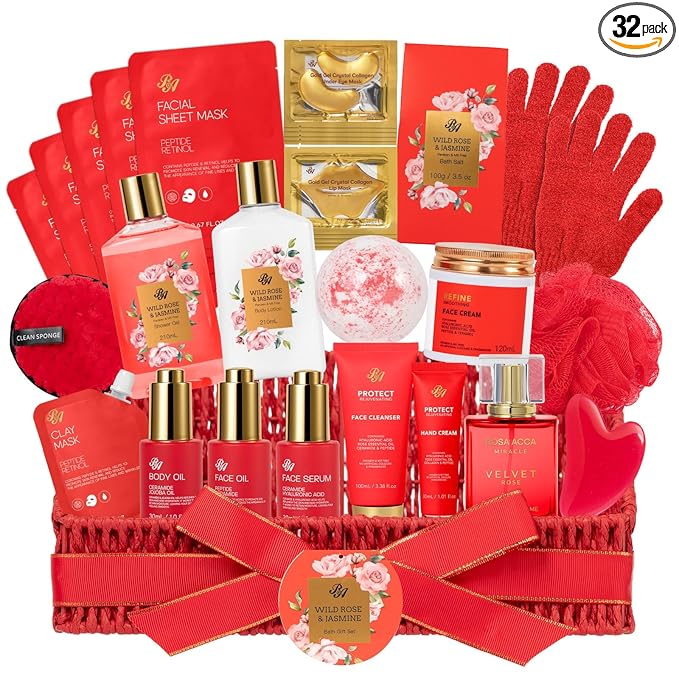 Gifts for Women, Gifts Basket for Women, 32 Pcs Red Rose Bath and Body Gift Basket Set, Hydrating Face Skin Care Gift Set, Home Spa Basket, Self Care Set, Birthday, Christmas, Anniversary, Wife, Mom