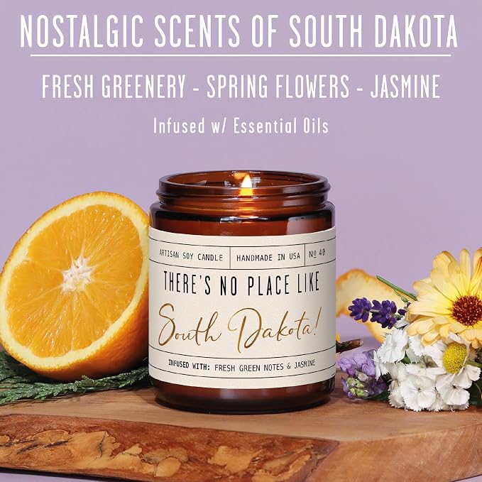 South Dakota Gifts, South Dakota Decor for Home - 'There's No Place Like South Dakota Candle, w/Greenery, Flowers & Jasmine I South Dakota Souvenirs State Gifts I 9oz Jar, 50Hr Burn, USA Made
